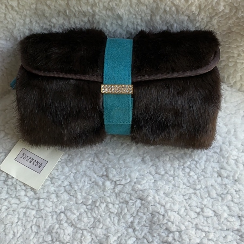 NWT Stephanie Johnson Brown Faux Fur and Teal Blue Travel Bag